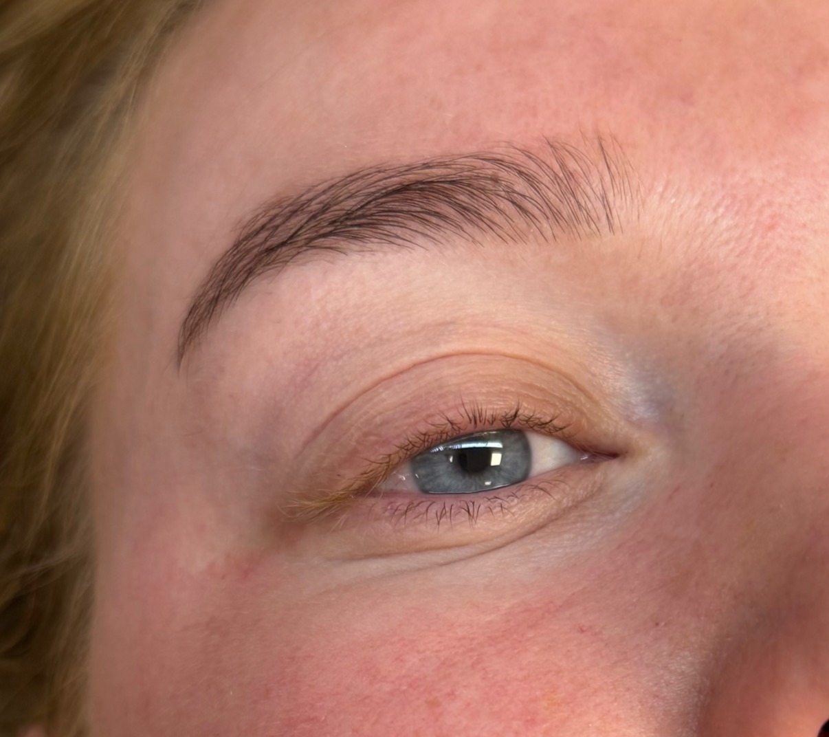 Oog met wenkbrauw voor de lashlift, met korte, rechte wimpers